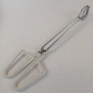 Ekco Stainless Steel Tongs White Rubber Handle 12" Vtg Cooking Kitchen Utensil